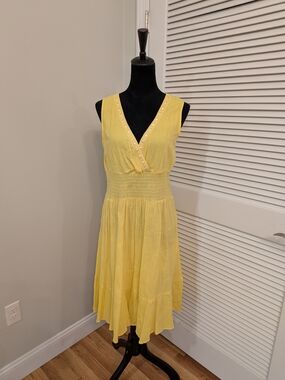 Pretty Pink Yellow V-Neck Smocked Waist Sundress 100% Cotton
